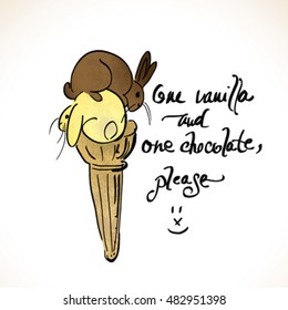 Vanilla and Chocolate ice cream / Funny card with bunnies  
