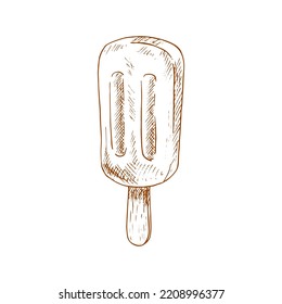 Vanilla or chocolate ice cream on stick isolated sketch. Vector summer dessert, sweet refreshing snack