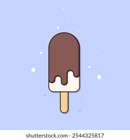 Vanilla and chocolate ice cream popsicle vector flat illustration. Ice cream with black outline on blue background.