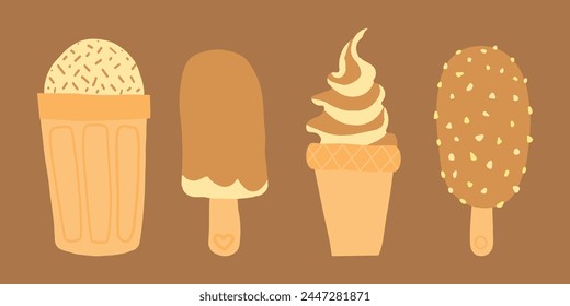 Juego de helado de vainilla y chocolate con conos, paletas y servicio suave, con nueces y detalles del corazón, Arte vectorial sobre fondo marrón.