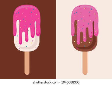 Vanilla and chocolate ice cream. Sweet refreshing delicious frozen dessert. Pink popsicle