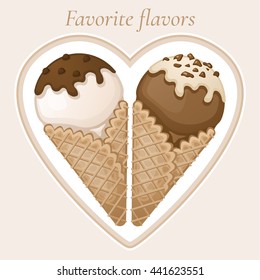  Vanilla and chocolate ice cream with chocolate topping and cream in a waffle cone.  Favorite dessert tastes. Sweet tasty ice cream with chocolate sprinkles. Vector colorful illustration.