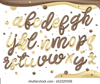 Vanilla and chocolate ice cream typography alphabet isolated on white background. 