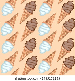 Vanilla and chocolate ice cream in waffle cones. Seamless pattern.