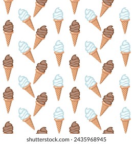 Vanilla and chocolate ice cream in waffle cones. Seamless pattern.