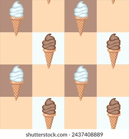 Vanilla and chocolate ice cream in waffle cones. Seamless pattern.