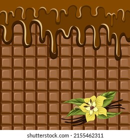 Vanilla and chocolate illustration.Colored vector illustration with vanilla on the background of a bar of chocolate with drips.