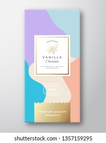 Vanilla Chocolate Label. Abstract Vector Packaging Design Layout with Soft Realistic Shadows. Modern Typography, Hand Drawn Vanilla Spice flower Silhouette and Colorful Background. Isolated.