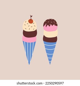 Vanilla chocolate and strawberry ice cream in a waffle cone with cherry hand drawn vector illustration. Isolated sweets for kids poster, logo or icon in flat style.