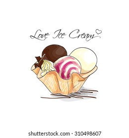 Vanilla, chocolate and strawberry ice cream in waffle cap. Isolated illustration