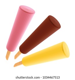 Vanilla Chocolate and Strawberry Popsicles in Perspective Isolated on White. Yellow Brown and Pink Ice Creams on Wooden Sticks. Low Poly Realistic Vector Illustration.