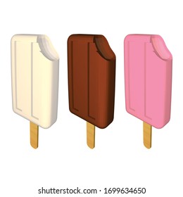 Vanilla, Chocolate and Strawberry Popsicles. White, Brown and Pink Bitten Ice Creams on Sticks Isolated on White Background. Low Poly Realistic Vector Illustration.