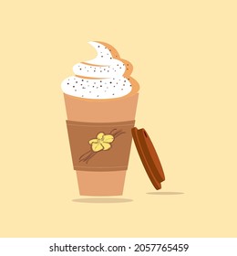 Vanilla coffee. Cappuccino. Latte. Flat white. Glace. Mocha. Macchiato. Iced coffee. Coffee to go. Milkshake, cocktail. Whipped foam. Paper cup. Logo.