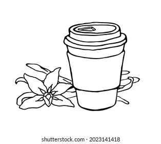 Vanilla coffee. A paper coffee cup with a plastic lid. Coffee to take away. Vector illustration on a white background.