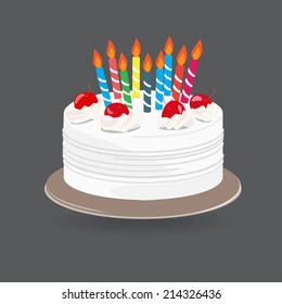 vanilla cream Birthday cake with burning candles isolated on white background, Vector Illustration.