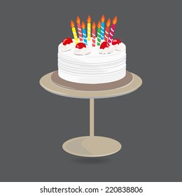 vanilla cream Birthday cake with burning candles isolated on white background, Vector Illustration.