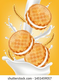 Vanilla cream cookies Vector realistic. Product placement mock up. Sweet dessert cream splash design. 3d illustration