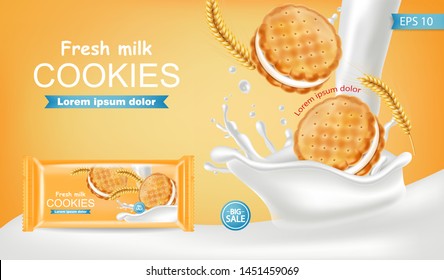 Vanilla Creme Cookies Vector realistisch. Produktplatzierung - Muster. süße Nachspeise Splash Design. 3D-Illustration