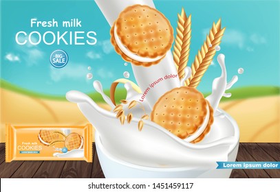 Vanilla cream cookies Vector realistic. Product placement mock up. Sweet dessert cream splash design. 3d illustration