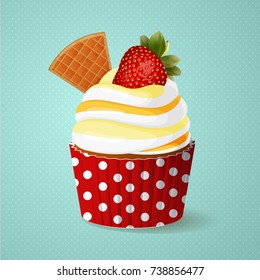 Vanilla cream cupcake, fresh strawberries and waffles