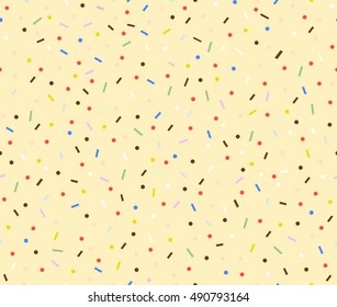 Vanilla cream donut glaze and many decorative bright sprinkles texture design seamless background pattern wallpaper. Vector image