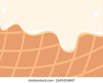 Vanilla cream melted with cone vector. Ice cream waffle sweet liquid illustration