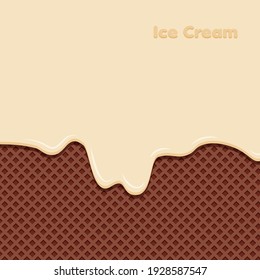 Vanilla cream melted on chocolate waffle background. Sweet ice cream background. Vector illustration