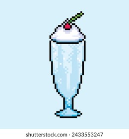 Vanilla creamy milk shake in blue tall glass and cherry fruit topping. Pixel art retro vintage video game bit vector illustration. Simple flat cartoon art styled drawing isolated on square background.