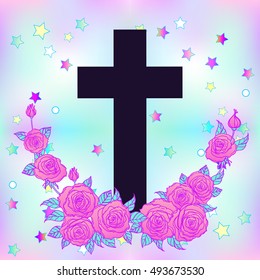 Vanilla cross. Glamour Halloween background in neon pastel colors. Cute gothic style. Colorful rainbow concept. 