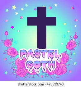 Vanilla cross. Glamour Halloween background in neon pastel colors. Cute gothic style. Colorful rainbow concept.