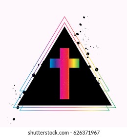 Vanilla cross with a rainbow gradient and triangles. Vector illustration for a postcard or a poster, print for clothes. Fashion & Style. Halloween.