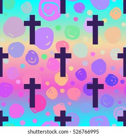 Vanilla cross.Spooky seamless pattern. Halloween wrapping paper background in neon pastel colors. Cute gothic style. Colorful rainbow dots. 