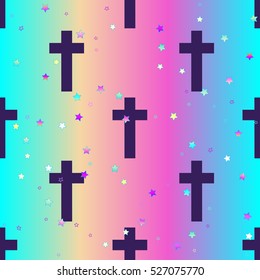 Vanilla cross.Spooky seamless pattern. Halloween wrapping paper background in neon pastel colors. Cute gothic style. Colorful rainbow stars. 