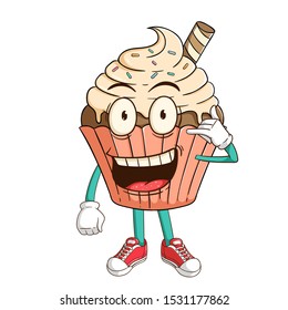 Vanilla cupcake cartoon character with call me hand sign and funny smile face