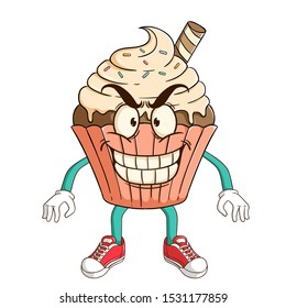 Vanilla cupcake cartoon character with funny evil smile expression