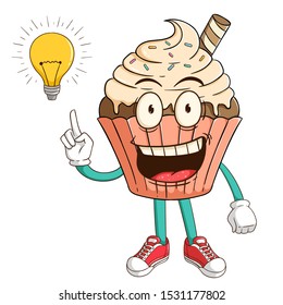 Vanilla cupcake cartoon character has idea with light bulb and funny smile face