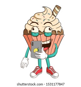 Vanilla cupcake cartoon character holding a smartphone and do selfie with funny expression