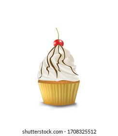 Vanilla cupcake with cherry. vector illustration