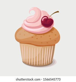 Vanilla cupcake with cherry and whipped pink cream