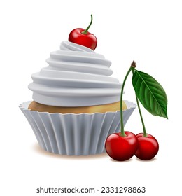 Vanilla cupcake, cute sweets food. Party homemade muffin with cherry on whipped white cream swirl. Realistic vector illustration isolated on white background