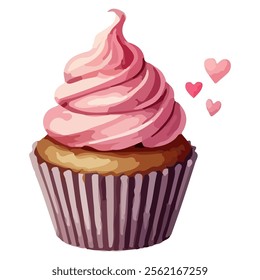 Vanilla cupcake decorated with pink whipped cream. Watercolor hand drawn painting isolated on white background. Valentines day design.