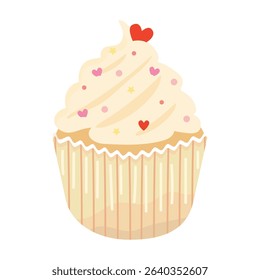 A vanilla cupcake with hearts and sprinkles. 