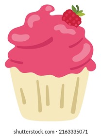 Vanilla cupcake with raspberry. Hand drawn vector illustration. Suitable for website, stickers, gift cards.