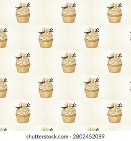 Vanilla Cupcake Seamless Pattern with Floral Buttercream Frosting and Vanilla Beans on Cream Background