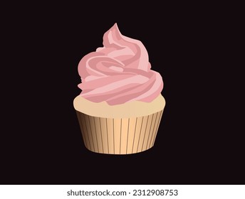 Vanilla cupcake with strawberry froasting on black background vector illustration.