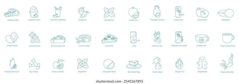 Natilla de vainilla, magdalena de arándanos, batido de fresa, hielo de mango, rollo de menta, sandía, piña, coco, refresco de uva, manzana verde, goma de mascar, algodón de azúcar, menta de chocolate, iconos de plátano
