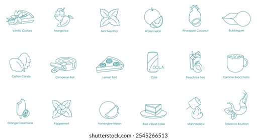 Vanilla Custard, Mango Ice, Mint Menthol, Watermelon, Pineapple Coconut, Bubble Gum, Cotton Candy, Cinnamon Roll, Lemon Tart, Cola, Peach Ice Tea, Caramel Macchiato, Orange Creamsicle vector icons