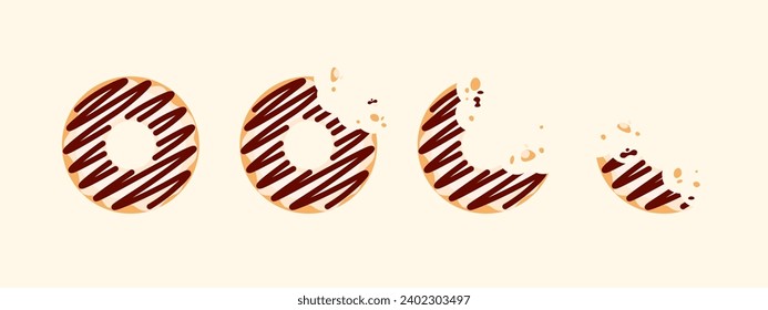 Vanilla Donut illustration vector, Sweet soft Donuts with chocolate. Break time with donuts. Top view in isolated background. Bite off food in cafe.