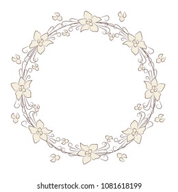 The vanilla elegant card with frame of flowers. vanilla wreath for your text presentation. Label with pastel flowers. Vector illustration.