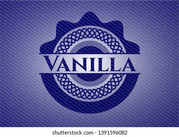 Vanilla emblem with jean background. Vector Illustration. Detailed.